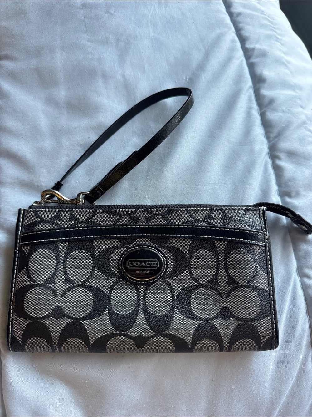Coach Black and Gray Signature Canvas Wristlet